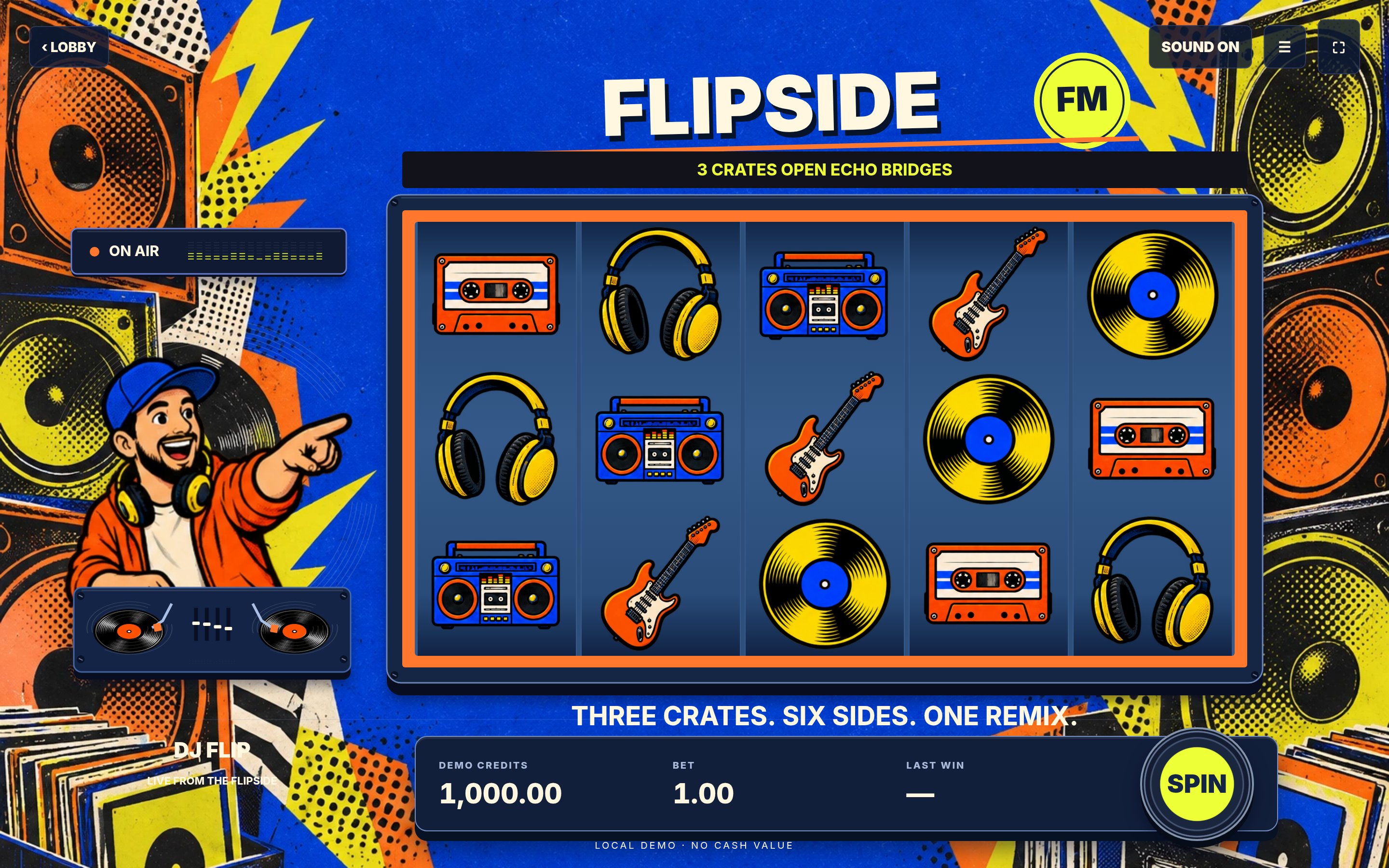 Flipside FM game screen with colorful music symbols and DJ character