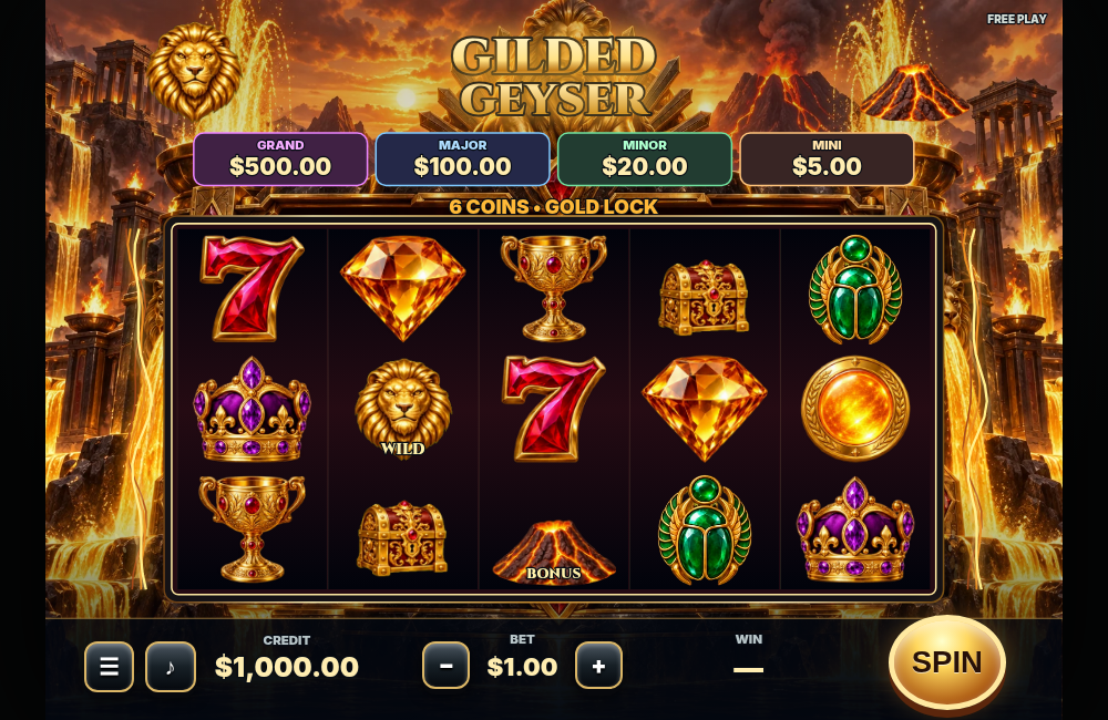 Gilded Geyser full game screen with gold symbols and volcanic scenery