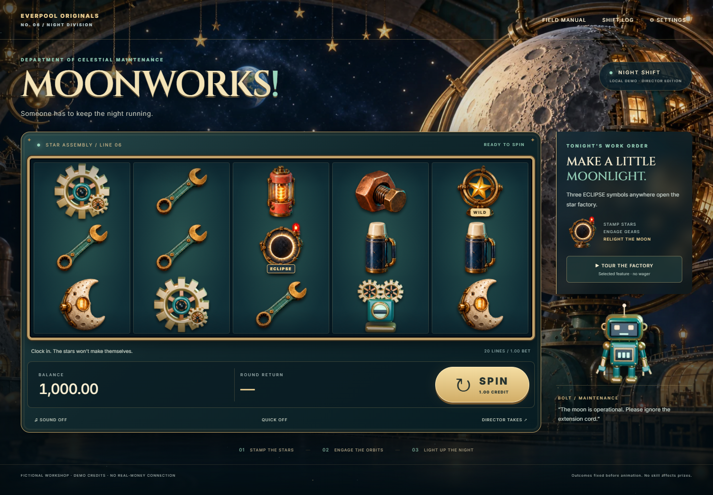 Moonworks full game screen with sculpted symbols, a mechanical moon and maintenance robot
