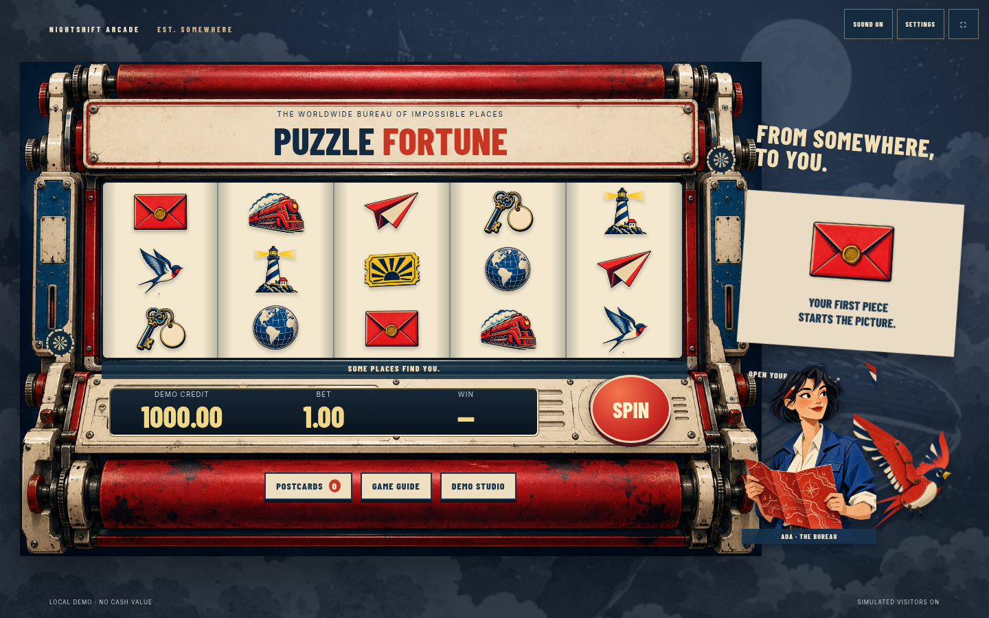 Puzzle Fortune current game cabinet with reels and illustrated postal world